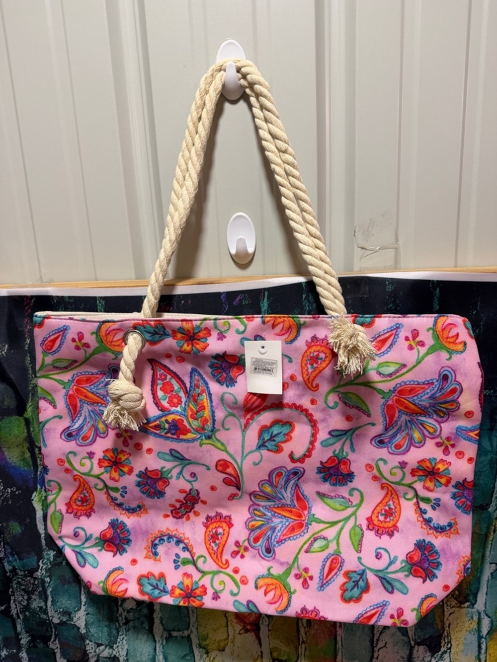 Floral Pink Rope-Handle Beach Tote Bag